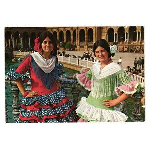 Vintage Spanish Postcard Sevilla Plaza De España Traditional Flamenco Dresses